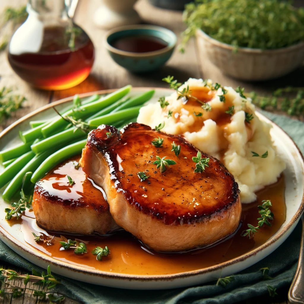 Côtelettes de porc glacées au sirop d'érable, servies avec purée de pommes de terre et haricots verts.