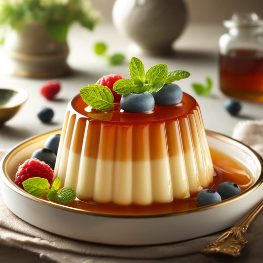 Panna cotta au sirop d'érable, garnie de baies fraîches et de feuilles de menthe.