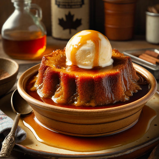 Pouding chômeur au sirop d'érable, servi chaud avec une boule de crème glacée à la vanille.