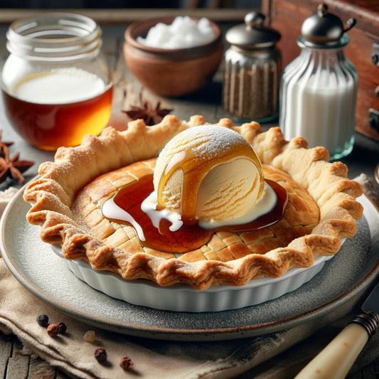 Tarte au sirop d'érable dorée, servie avec une boule de crème glacée à la vanille.