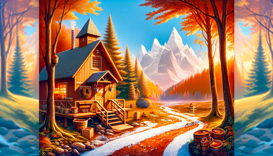 Bienvenue à Érablière Chic-Chocs, une cabane à sucre pittoresque située dans une belle forêt d'érables, avec des arbres à érable équipés de seaux pour la collecte de la sève, et une rivière en forme de S à proximité.